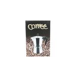 Cafetera italiana plateada de aluminio de 9 tazas Sinsa, empaque frontal con ilustración del equipo y granos de café