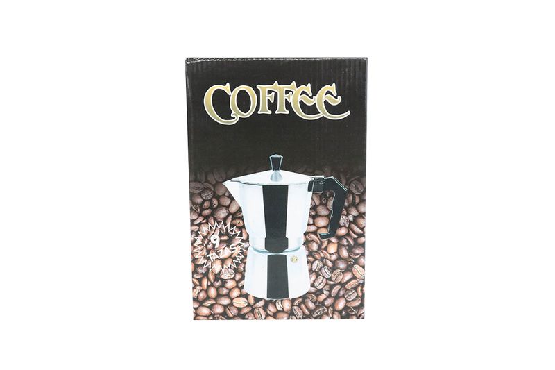 Cafetera italiana plateada de aluminio de 9 tazas Sinsa, empaque frontal con ilustración del equipo y granos de café