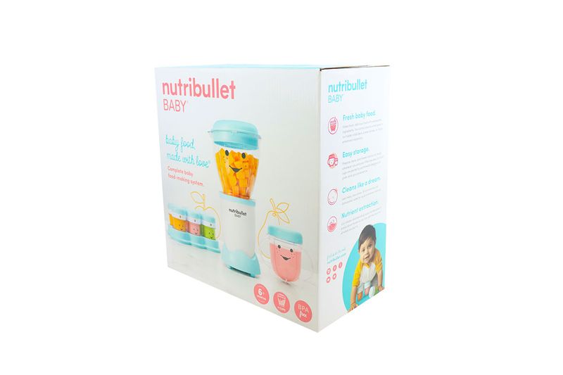 Nutribullet Baby 18 piezas nutribullet, caja blanca con ilustraciones del equipo azul y un bebé