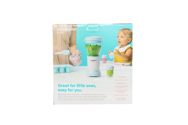 Nutribullet Baby 18 piezas Nutribullet, empaque frontal con foto de bebé y el equipo en uso con accesorios