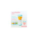 Nutribullet Baby de 18 piezas Nutribullet, empaque frontal con ilustración del equipo azul y recipientes de comida
