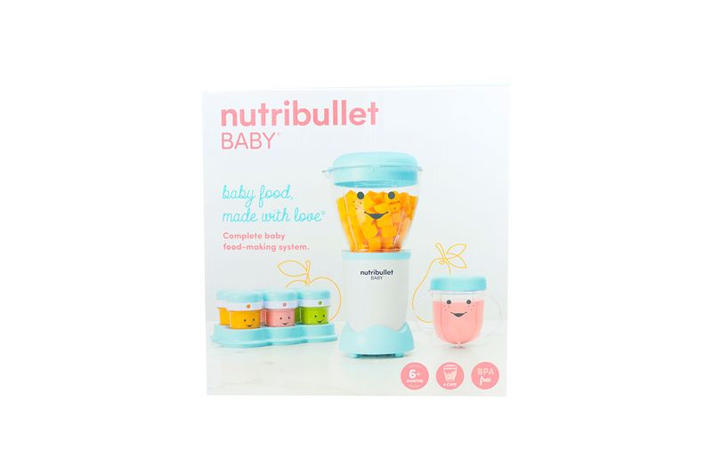 Nutribullet Baby de 18 piezas Nutribullet, empaque frontal con ilustración del equipo azul y recipientes de comida