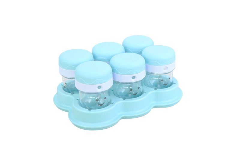 NutriBullet Baby de 18 piezas nutribullet, juego de recipientes azules con tapa organizados en una base del mismo color
