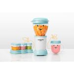 Nutribullet Baby de 18 piezas Nutribullet azul, equipo con vaso lleno de trozos de calabaza y recipientes con papillas