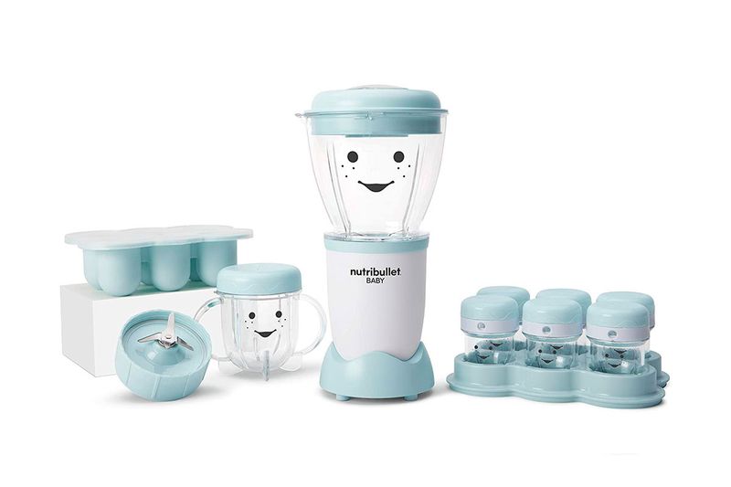Nutribullet Baby 18 piezas nutribullet, kit de color azul con base, vasos con caritas, recipientes y bandeja de hielos