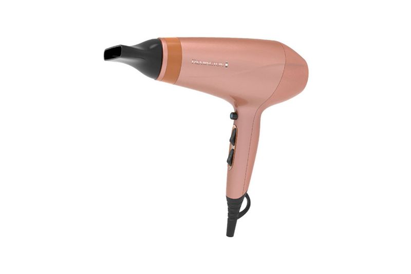 Secadora de cabello Keratina rosa Remington, vista lateral del equipo en color rosa metálico con boquilla negra