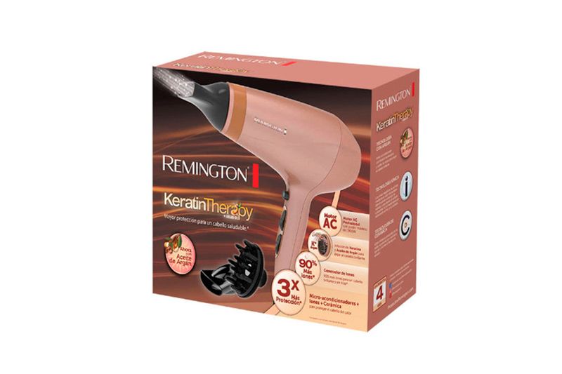 Secadora de cabello Keratina rosa Remington, caja de cartón con ilustración del producto y especificaciones técnicas