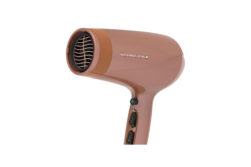Secadora de cabello keratina rosa Remington, vista lateral trasera resaltando la rejilla del ventilador y el logo