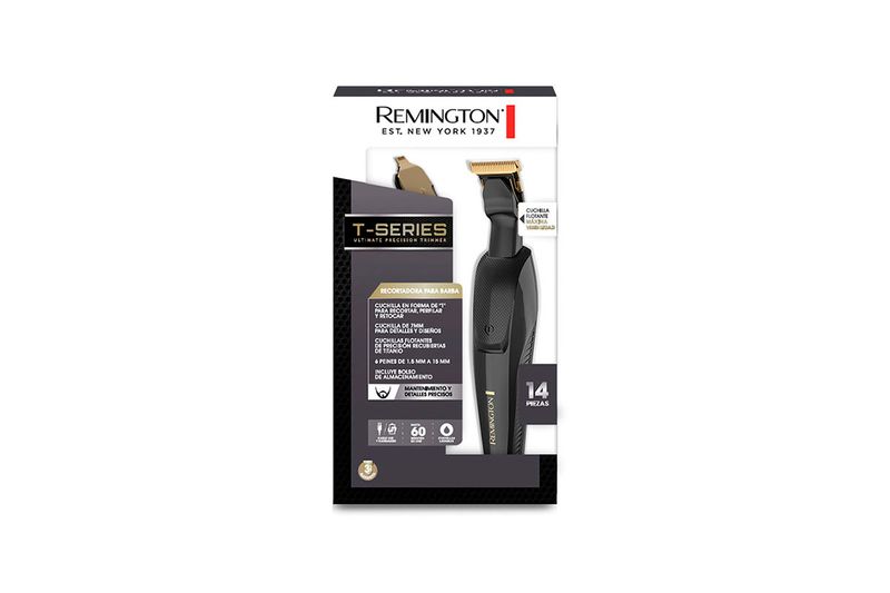 Rasuradora T-Series Remington, empaque frontal con ilustración del equipo y lista de características en color dorado
