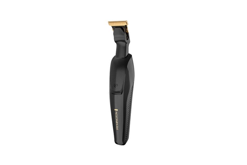 Rasuradora T-Series Remington, vista frontal del dispositivo en color negro con cabezal dorado