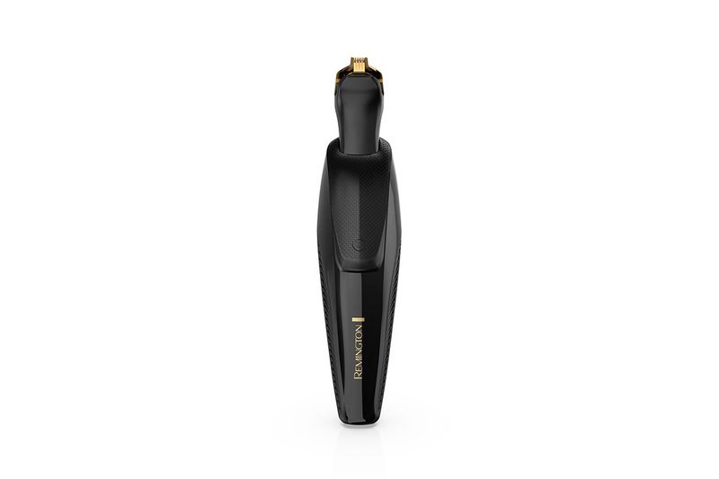 Rasuradora T-Series Remington, vista frontal del cuerpo negro con cuchilla dorada y logo en la base