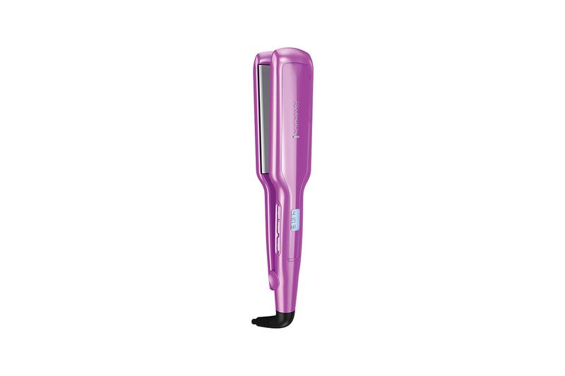 Plancha alisadora antiestática con turmalina Remington, vista lateral del equipo en color morado