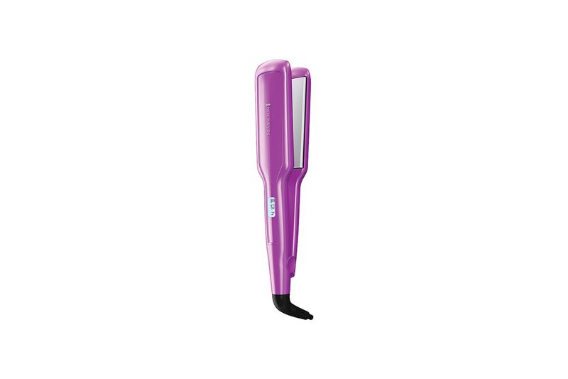 Plancha alisadora antiestática con turmalina Remington, vista lateral del equipo en color púrpura