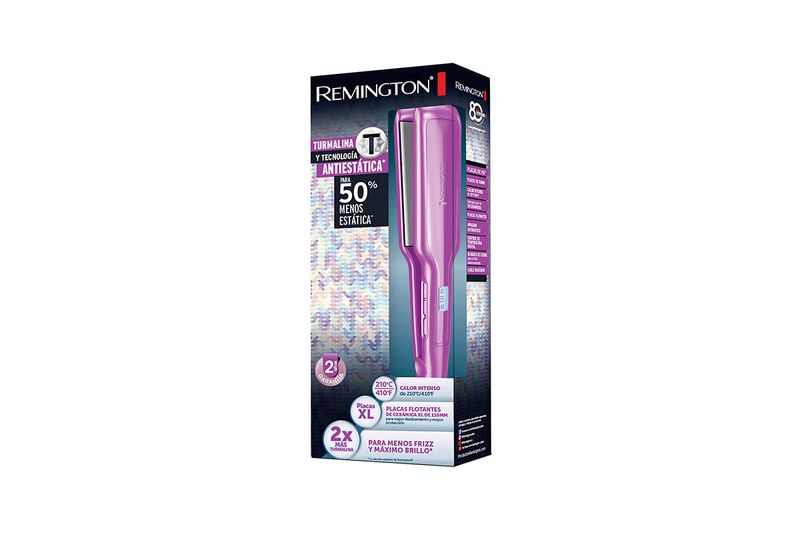 Plancha alisadora antiestática con turmalina Remington, vista frontal del empaque con la plancha de color púrpura