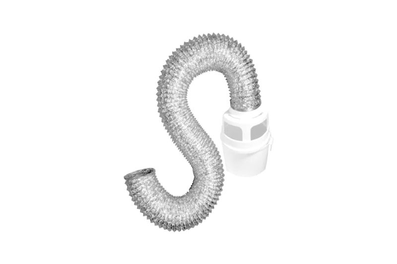 Kit atrapa pelusa para secadora Miber, manguera flexible blanca conectada a un recipiente recolector cilíndrico