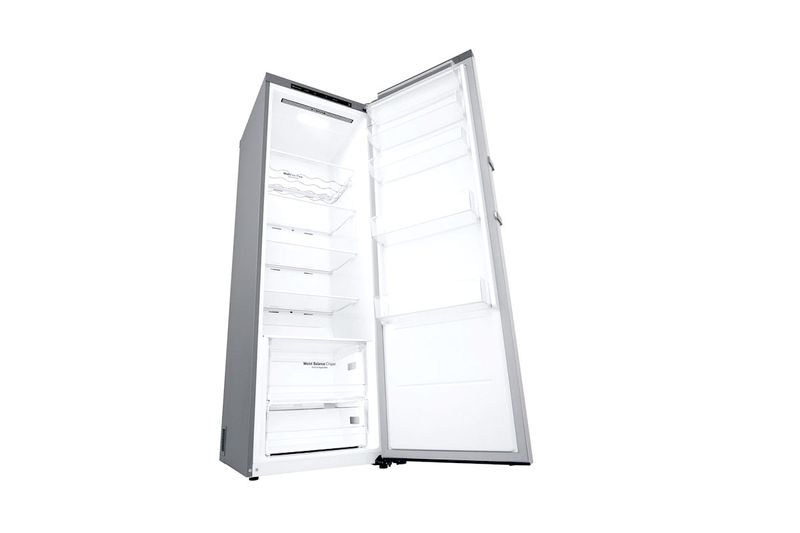 Refrigerador LG Inverter 14 pies B-Thor acero inoxidable, vista interior con puertas abiertas y estantes blancos