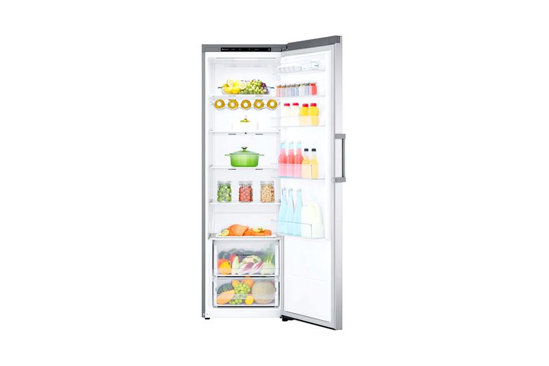 Refrigerador LG Inverter de 14 pies B-Thor acero inoxidable, interior abierto con alimentos y bebidas organizados