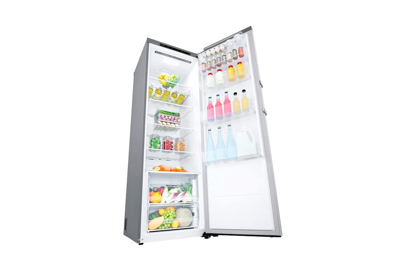 Refrigerador LG Inverter de 14 pies B-Thor acero inoxidable, abierto mostrando el interior con alimentos y bebidas