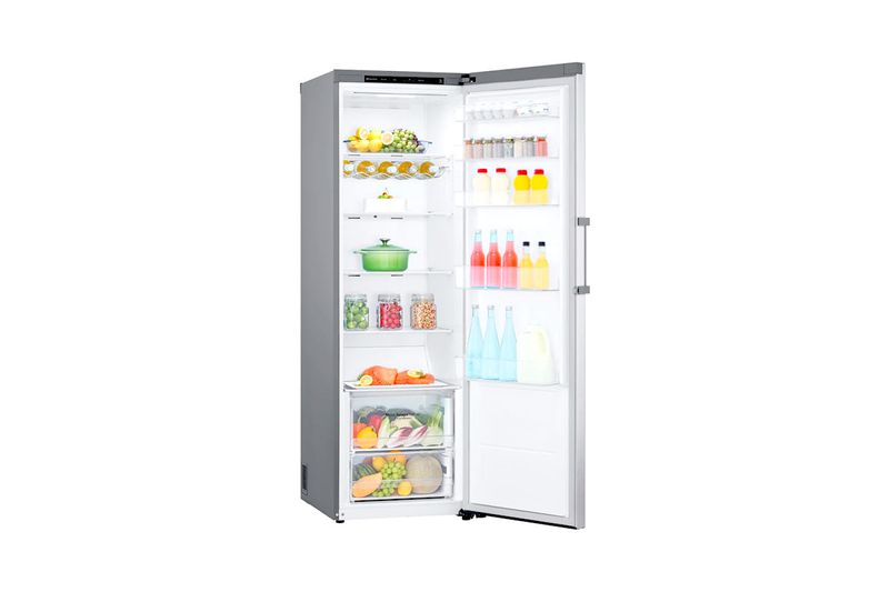 Refrigerador LG Inverter de 14 pies B-Thor acero inoxidable, vista frontal con puerta abierta y estantes llenos de alimentos
