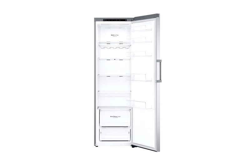 Refrigerador LG Inverter 14 pies B-Thor acero inoxidable, vista frontal con puerta abierta mostrando el interior blanco