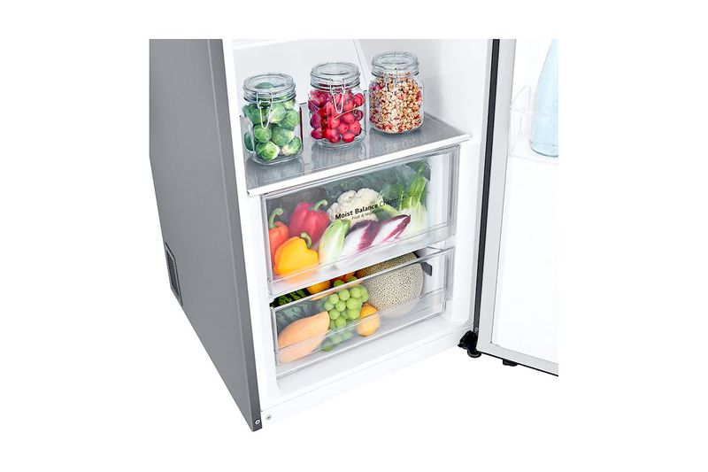 Refrigerador LG Inverter 14 pies B-Thor acero inoxidable, detalle interno de cajones con frutas y verduras frescas