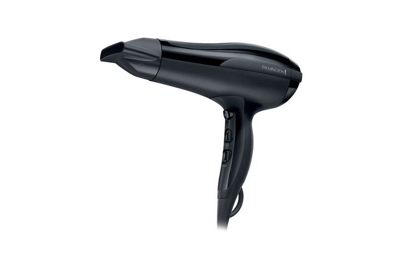 Secadora de cabello Shine Therapy negro Remington, vista lateral del equipo con boquilla concentradora