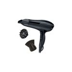 Secadora de cabello Shine Therapy negro Remington, vista lateral junto a su difusor y boquilla concentradora