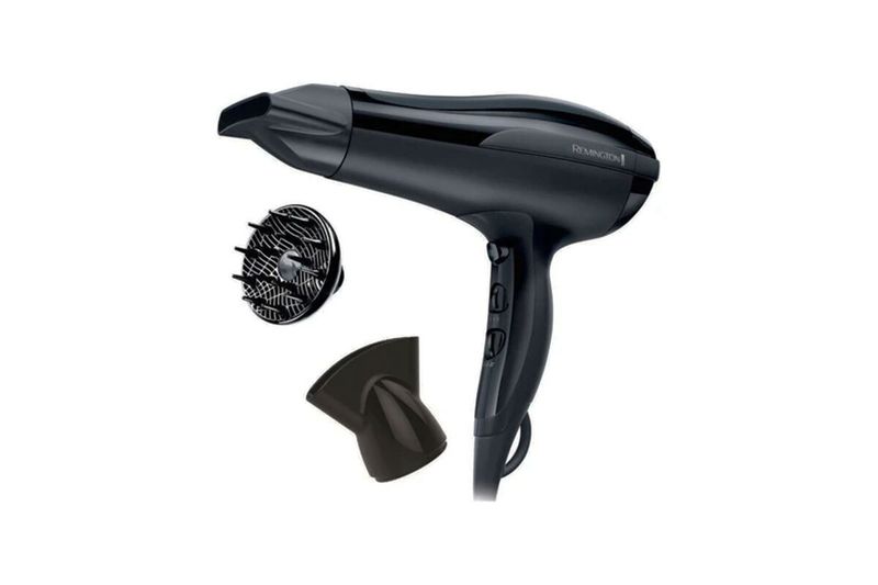 Secadora de cabello Shine Therapy negro Remington, vista lateral junto a su difusor y boquilla concentradora