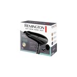 Secadora de cabello Shine Therapy negro Remington, vista frontal de la caja blanca con imagen del producto y accesorios