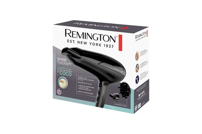 Secadora de cabello Shine Therapy negro Remington, vista frontal de la caja blanca con imagen del producto y accesorios