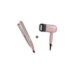 Combo plancha alisadora y secadora Remington S27A-D20A (110)F, ambos equipos en color rosa pastel sobre fondo blanco