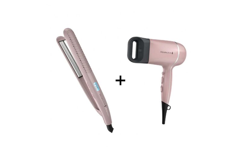 Combo plancha alisadora y secadora Remington S27A-D20A (110)F, ambos equipos en color rosa pastel sobre fondo blanco