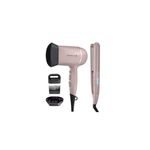 Combo plancha alisadora y secadora Remington S27A-D20A(110)F, equipo en color rosa con boquilla y difusor negro