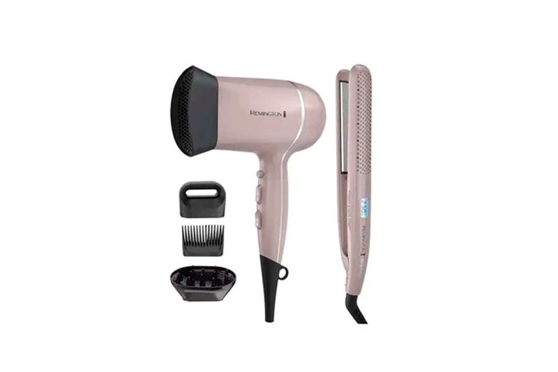 Combo plancha alisadora y secadora Remington S27A-D20A(110)F, equipo en color rosa con boquilla y difusor negro