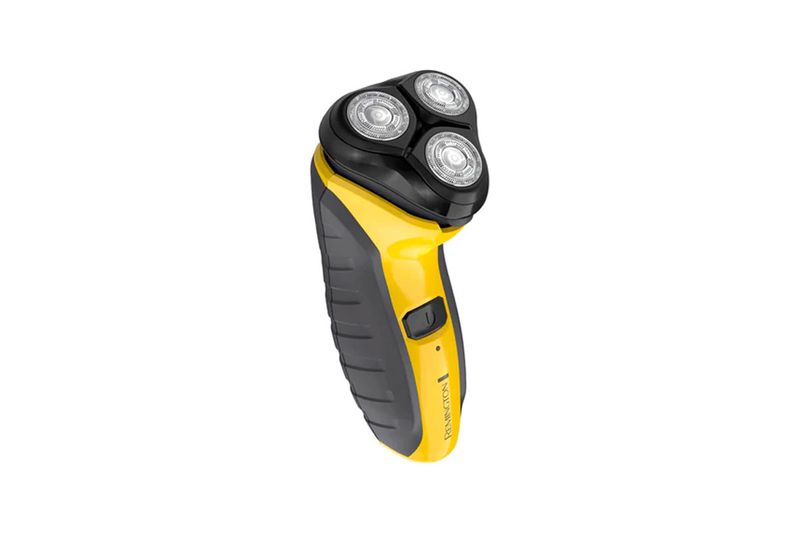 Afeitadora rotativa inalámbrica Indestructible Remington, vista lateral del cuerpo amarillo y negro con cabezal triple