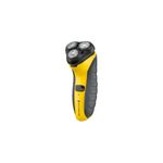 Afeitadora rotativa inalámbrica Remington línea Indestructible, vista lateral del cuerpo amarillo y negro con botón de