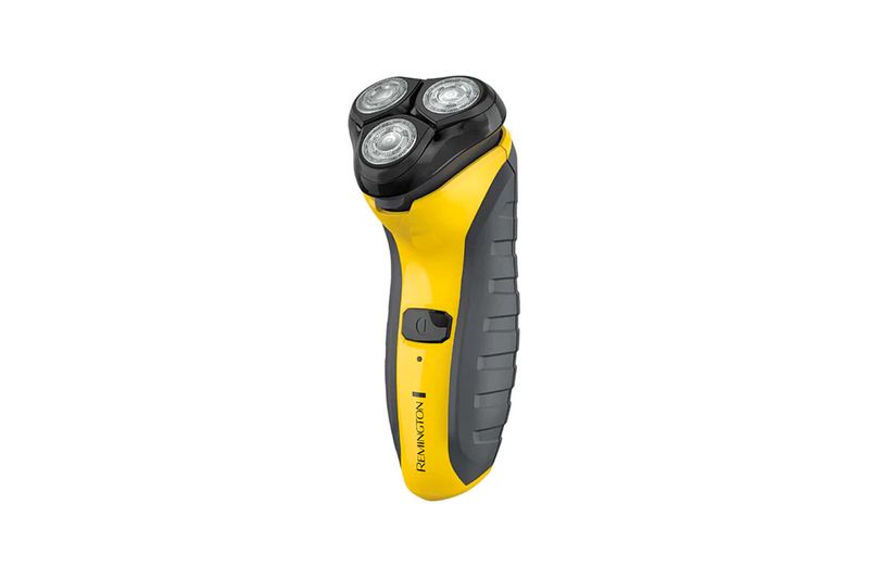 Afeitadora rotativa inalámbrica Remington línea Indestructible, vista lateral del cuerpo amarillo y negro con botón de
