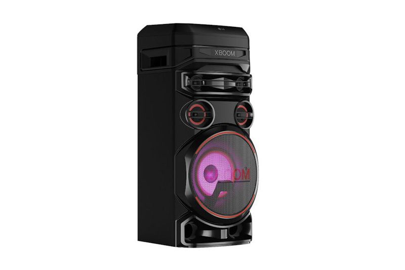 Parlante vertical Bluetooth XBOOM 500 W RNC7 LG, vista frontal del equipo negro con iluminación circular púrpura y roja