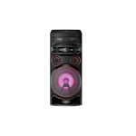 Parlante vertical bluetooth XBOOM 500 W RNC7 LG, vista frontal en color negro con iluminación LED púrpura y roja
