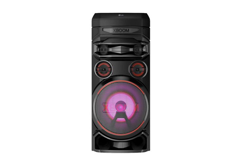 Parlante vertical bluetooth XBOOM 500 W RNC7 LG, vista frontal en color negro con iluminación LED púrpura y roja
