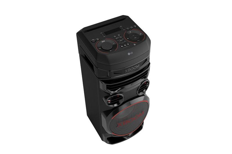 Parlante vertical Bluetooth XBOOM 500 W RNC7 LG, vista superior en ángulo que muestra el panel de control y botones