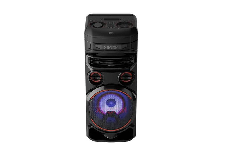 Parlante vertical Bluetooth XBOOM 500 W LG, vista frontal con luces LED azules y rojas en los altavoces