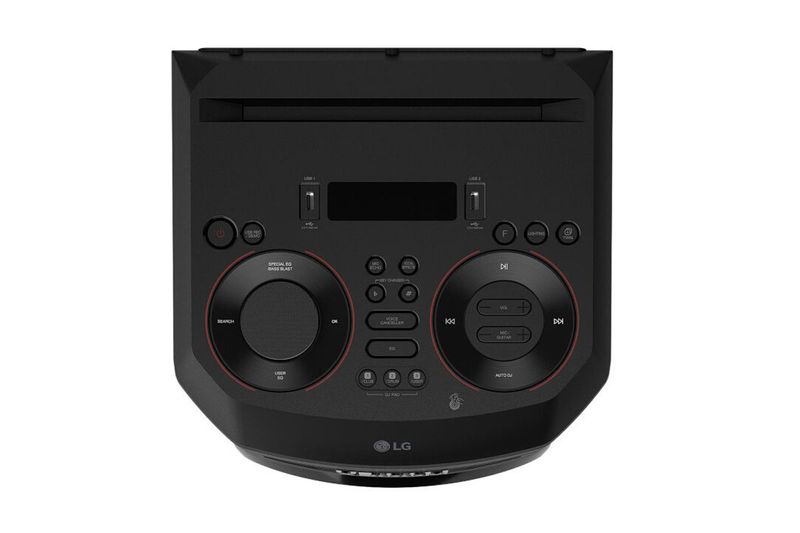 Parlante vertical Bluetooth XBOOM 500 W RNC7 LG, vista frontal del panel de control superior con botones y perillas