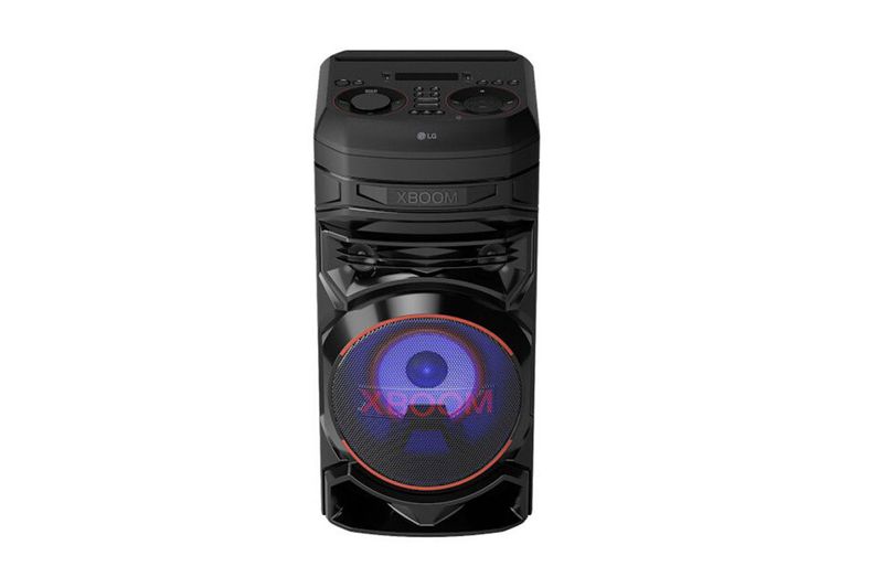 Parlante vertical Bluetooth Xboom 300 W RNC5 LG, vista frontal con altavoz iluminado en azul y rojo