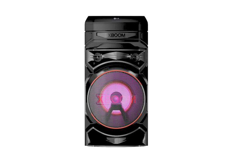 Parlante vertical Bluetooth XBoom 300 W RNC5 LG, frente del equipo negro con iluminación LED púrpura y roja en el woofer