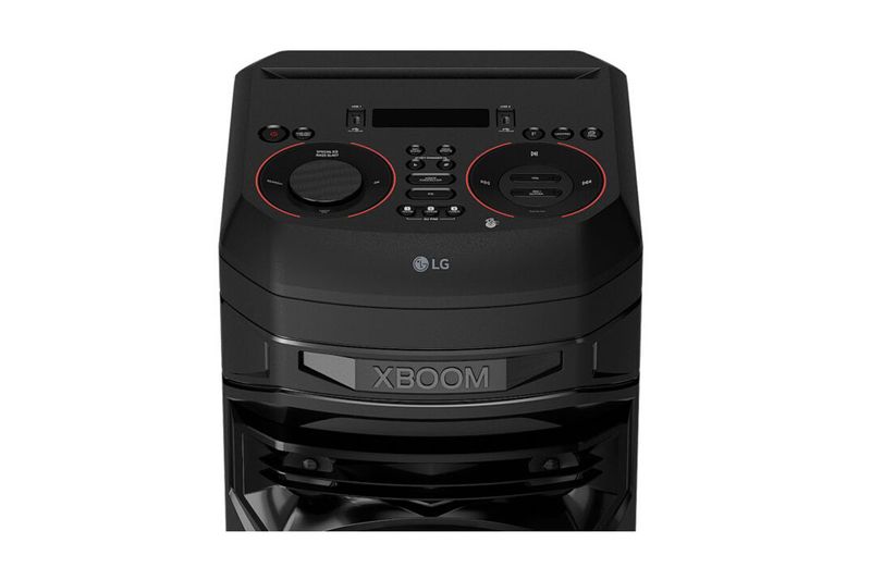 Parlante vertical Bluetooth Xboom 300W RNC5 LG, primer plano del panel de control superior con botones y perillas