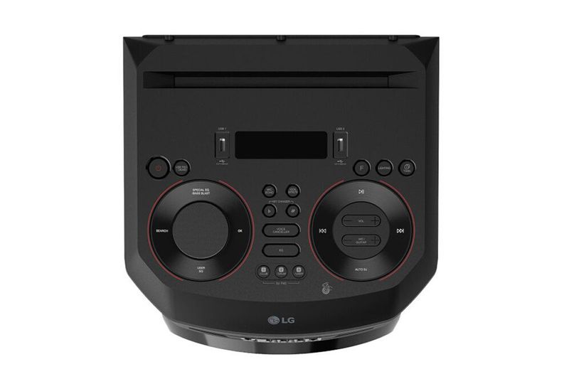 Parlante vertical Bluetooth Xboom 300 W RNC5 LG, primer plano del panel de control superior con botones y perillas negras