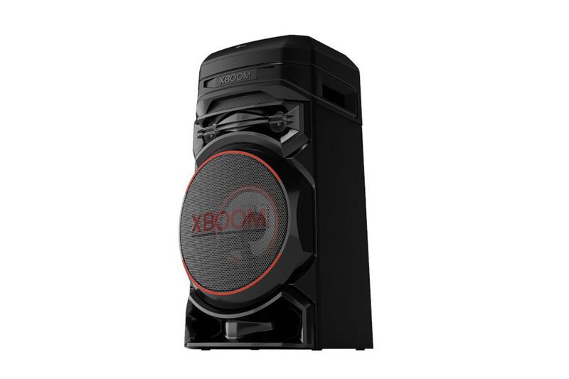 Parlante vertical Bluetooth Xboom 300 W RNC5 LG, vista frontal en color negro con aro rojo iluminado en el altavoz