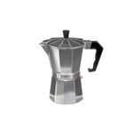 Cafetera italiana aluminio 300 ml Secret de Gourmet, vista frontal del cuerpo facetado con mango y pomo negros