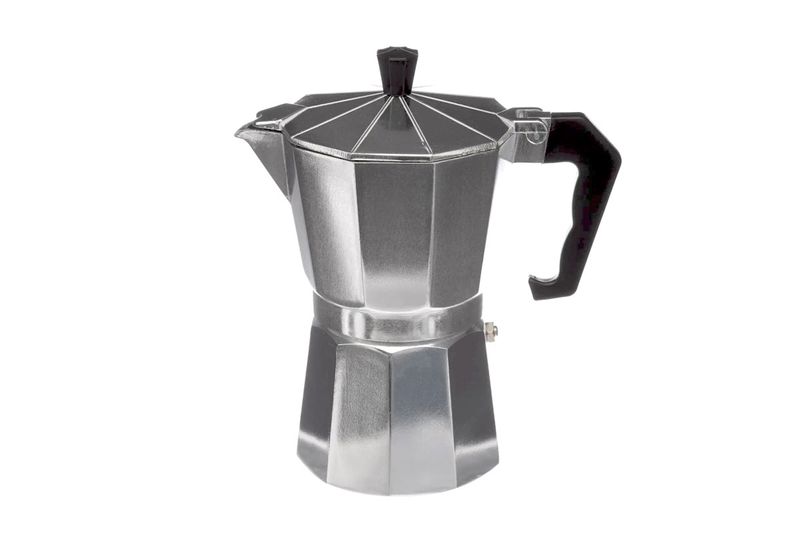 Cafetera italiana aluminio 300 ml Secret de Gourmet, vista frontal del cuerpo facetado con mango y pomo negros